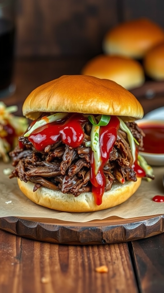 Slow-cooked barbecue beef sandwich with coleslaw on a rustic table.